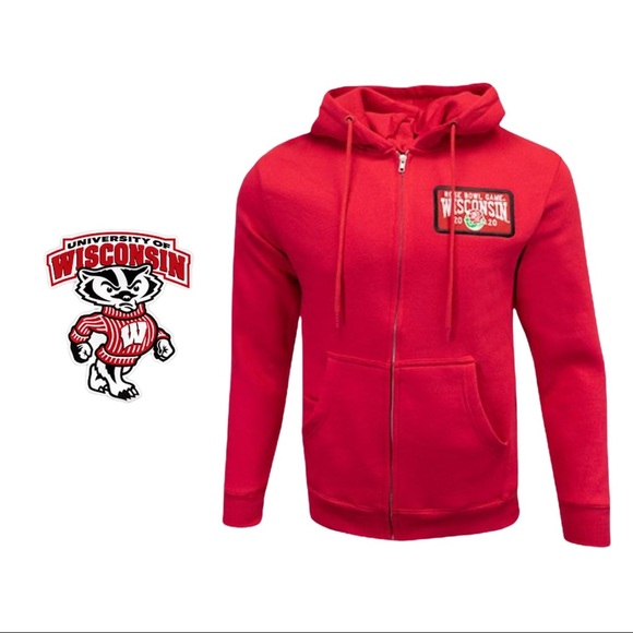 NWT Wisconsin Badgers Red 2020 Rose Bowl Full Zip Hooded Sweatshirt - Picture 1 of 9